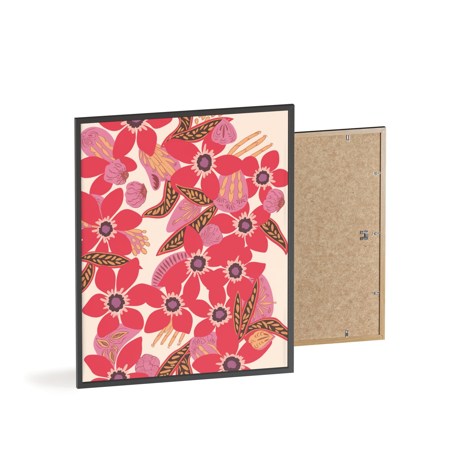 Floral Red Pink Poster with Wooden Frame — Bold Botanical Wall Art