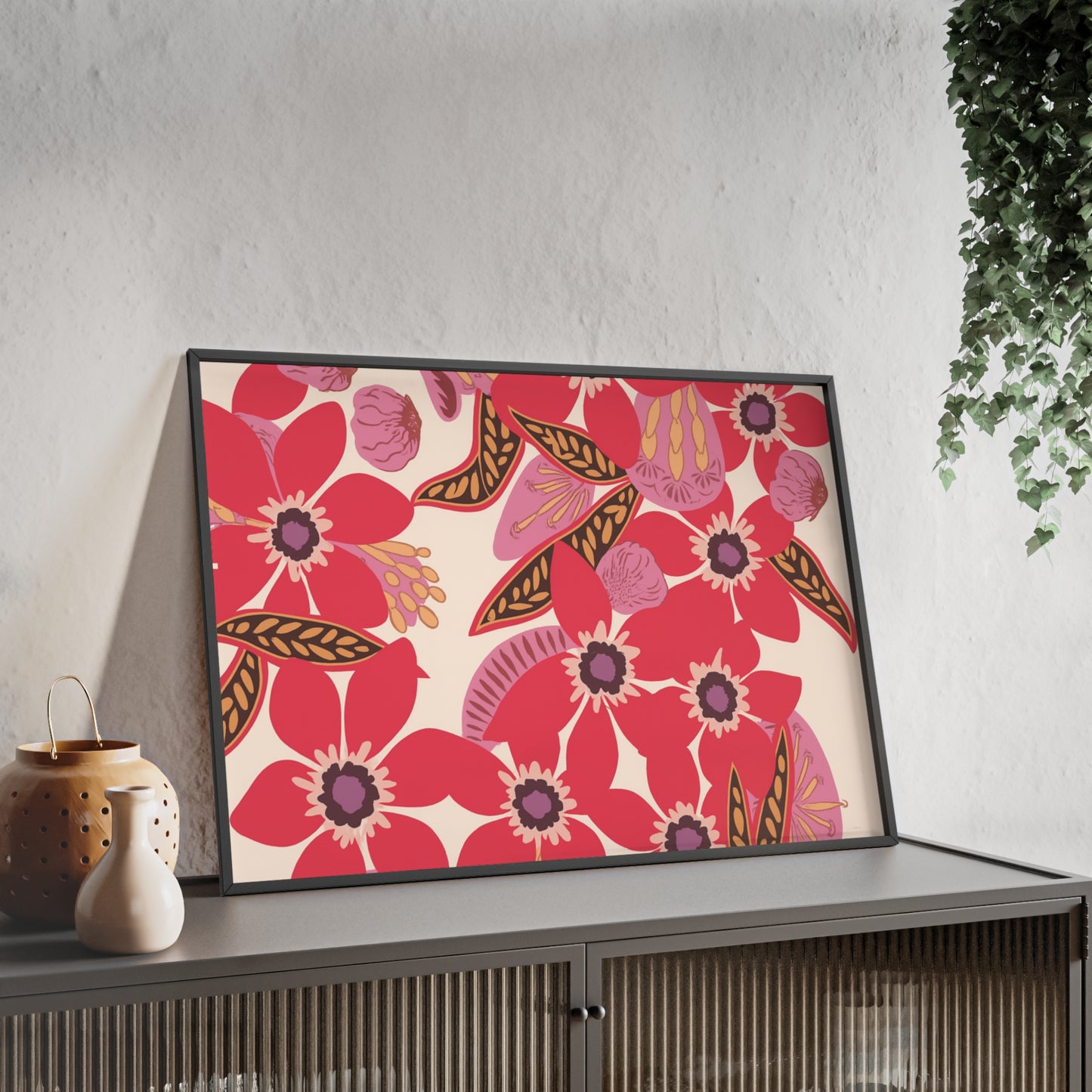 Floral Red Pink Poster with Wooden Frame — Bold Botanical Wall Art