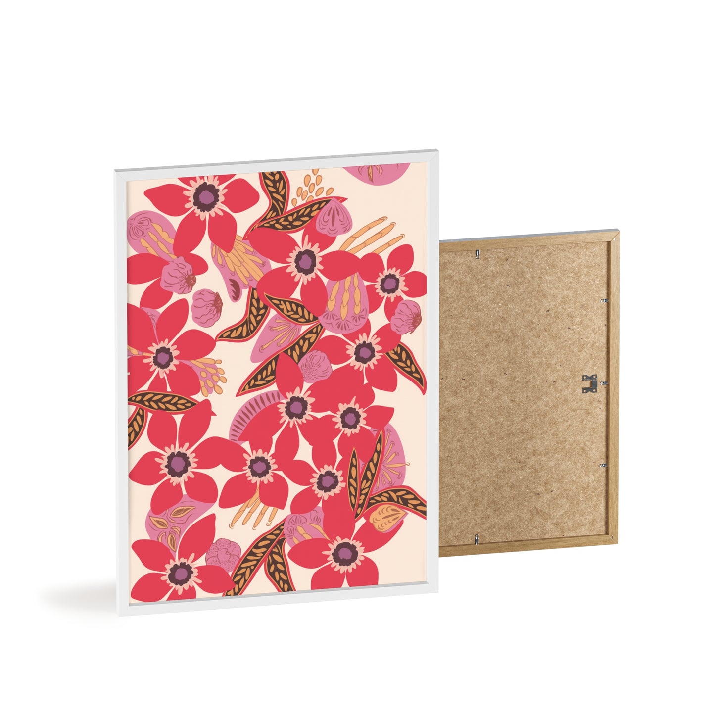 Floral Red Pink Poster with Wooden Frame — Bold Botanical Wall Art