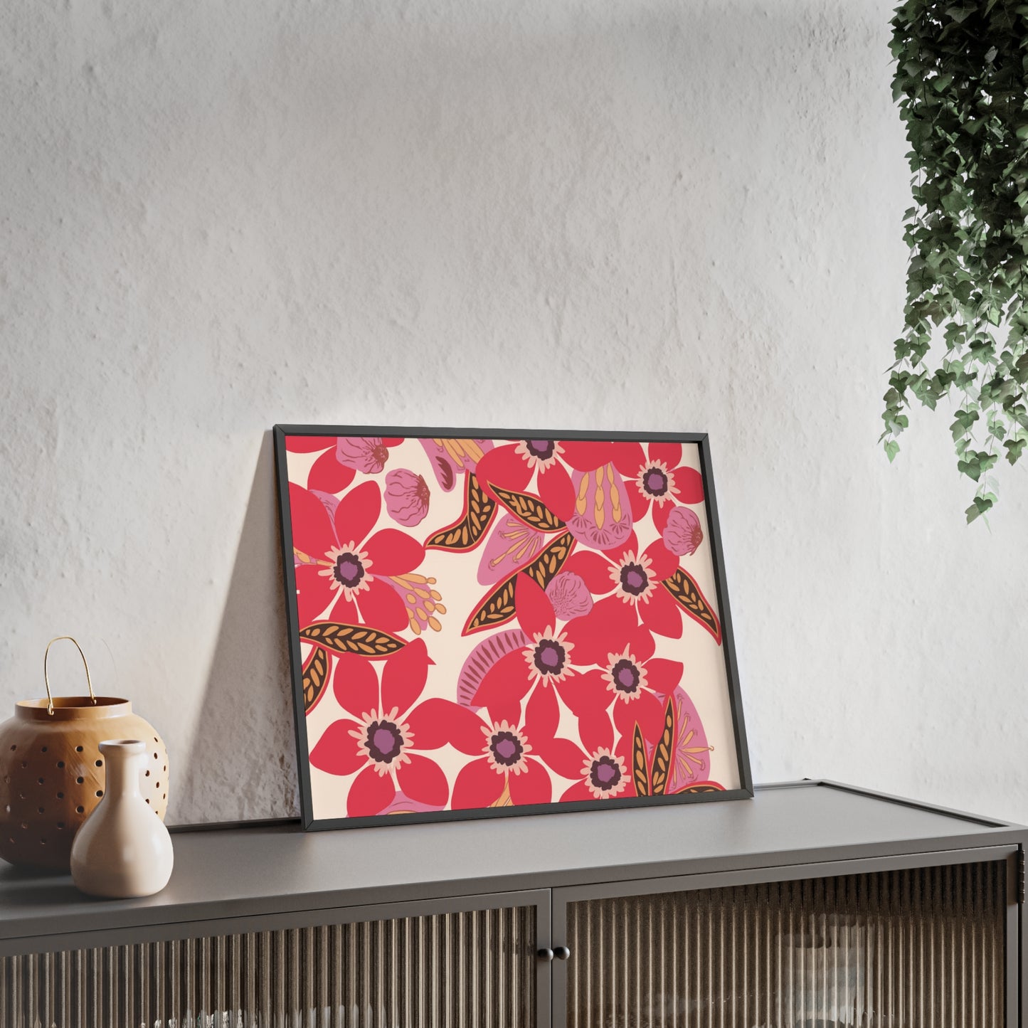 Floral Red Pink Poster with Wooden Frame — Bold Botanical Wall Art