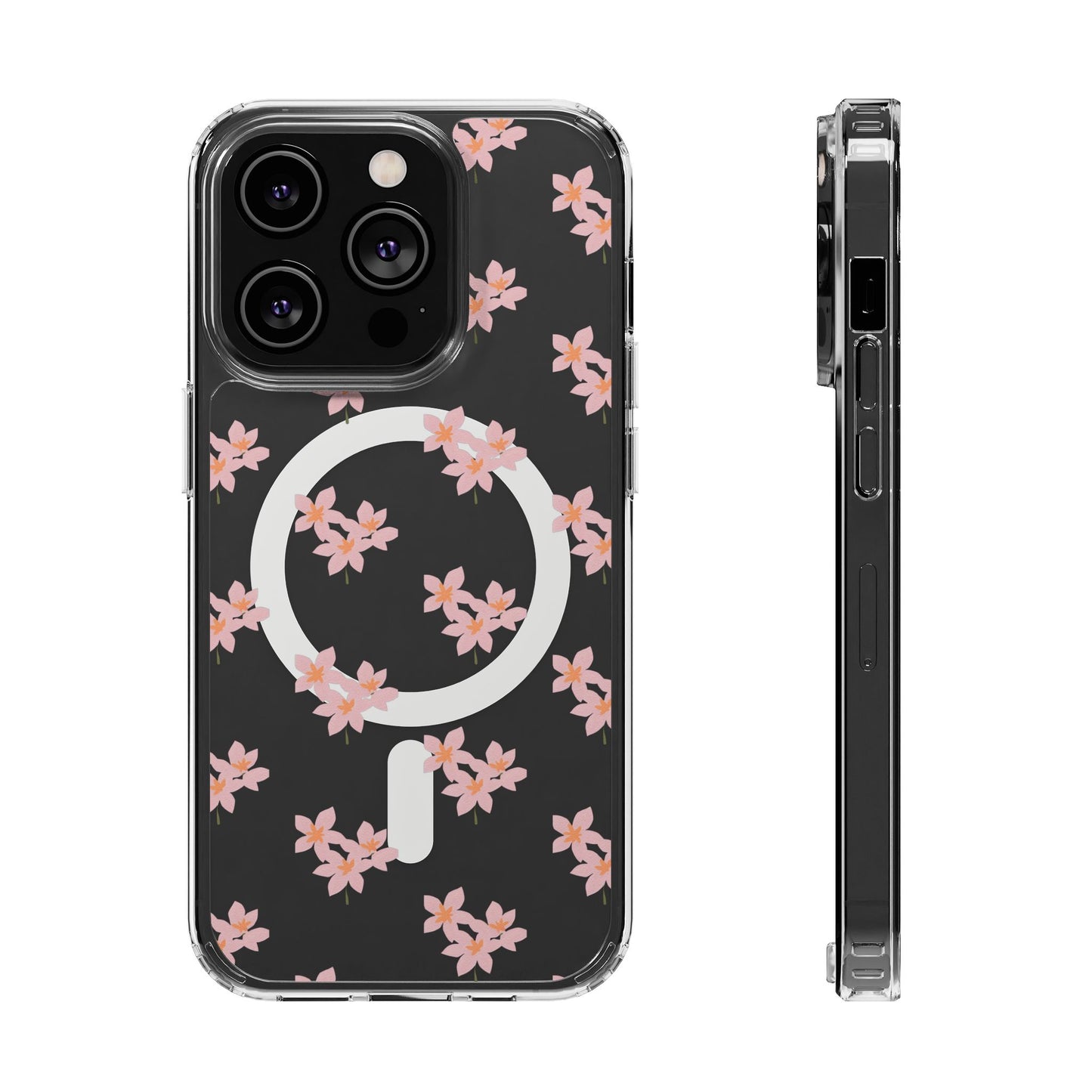 Clear Magnetic Phone Case — Pink Cherry Blossom Floral, Impact-Resistant MagSafe-Compatible