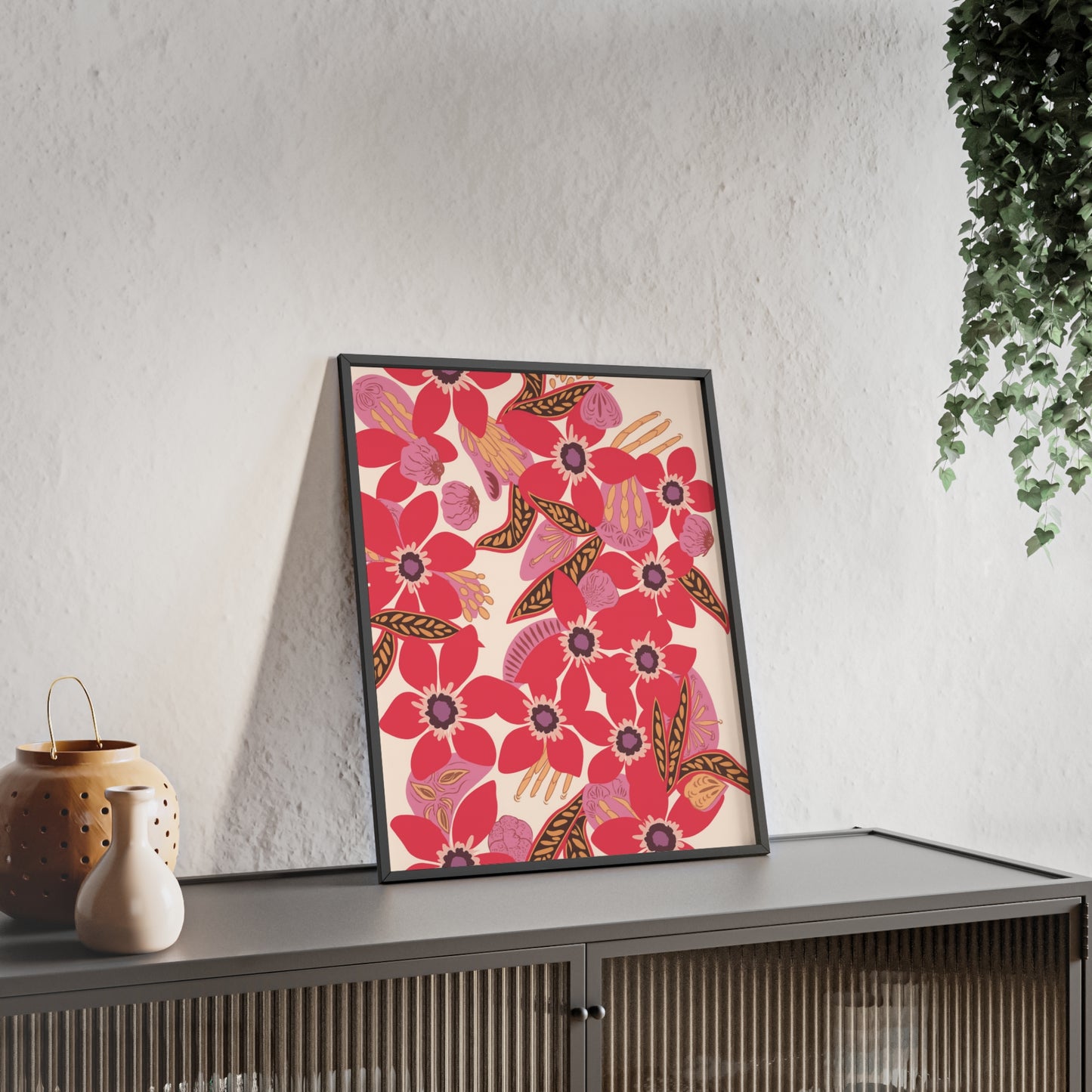 Floral Red Pink Poster with Wooden Frame — Bold Botanical Wall Art