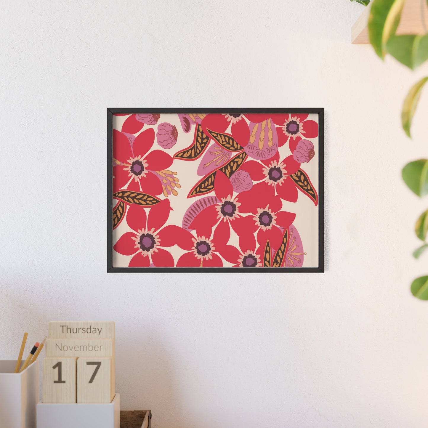 Floral Red Pink Poster with Wooden Frame — Bold Botanical Wall Art