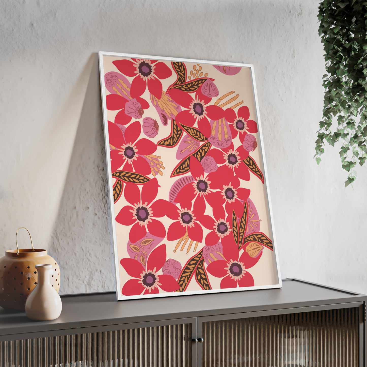Floral Red Pink Poster with Wooden Frame — Bold Botanical Wall Art