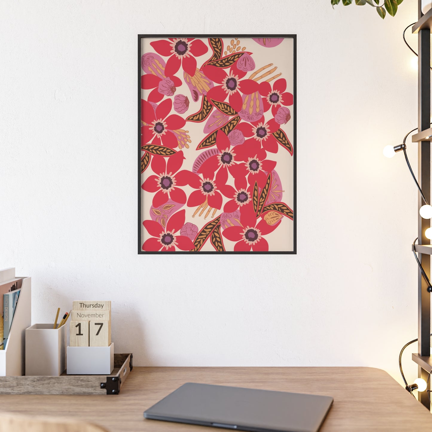 Floral Red Pink Poster with Wooden Frame — Bold Botanical Wall Art