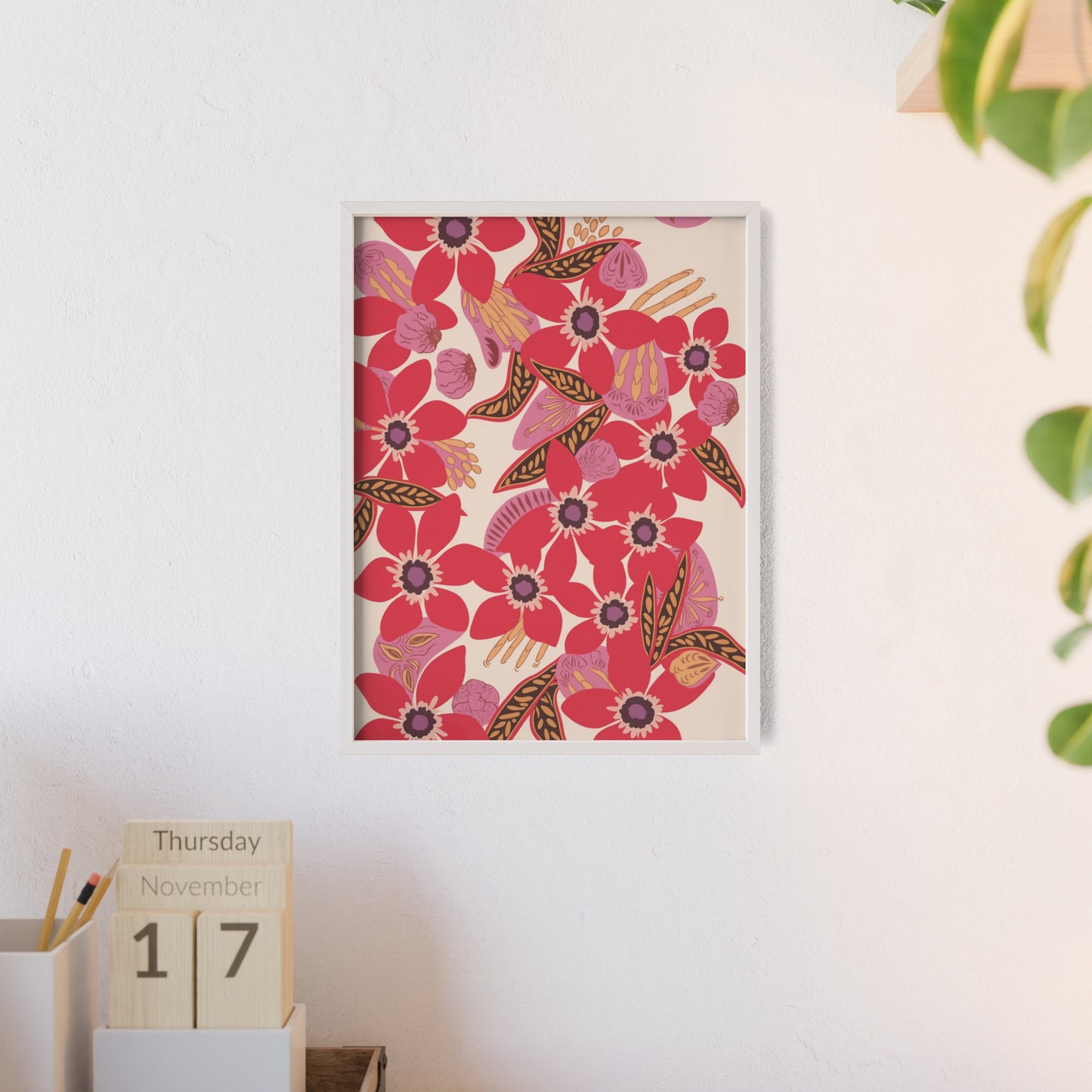 Floral Red Pink Poster with Wooden Frame — Bold Botanical Wall Art