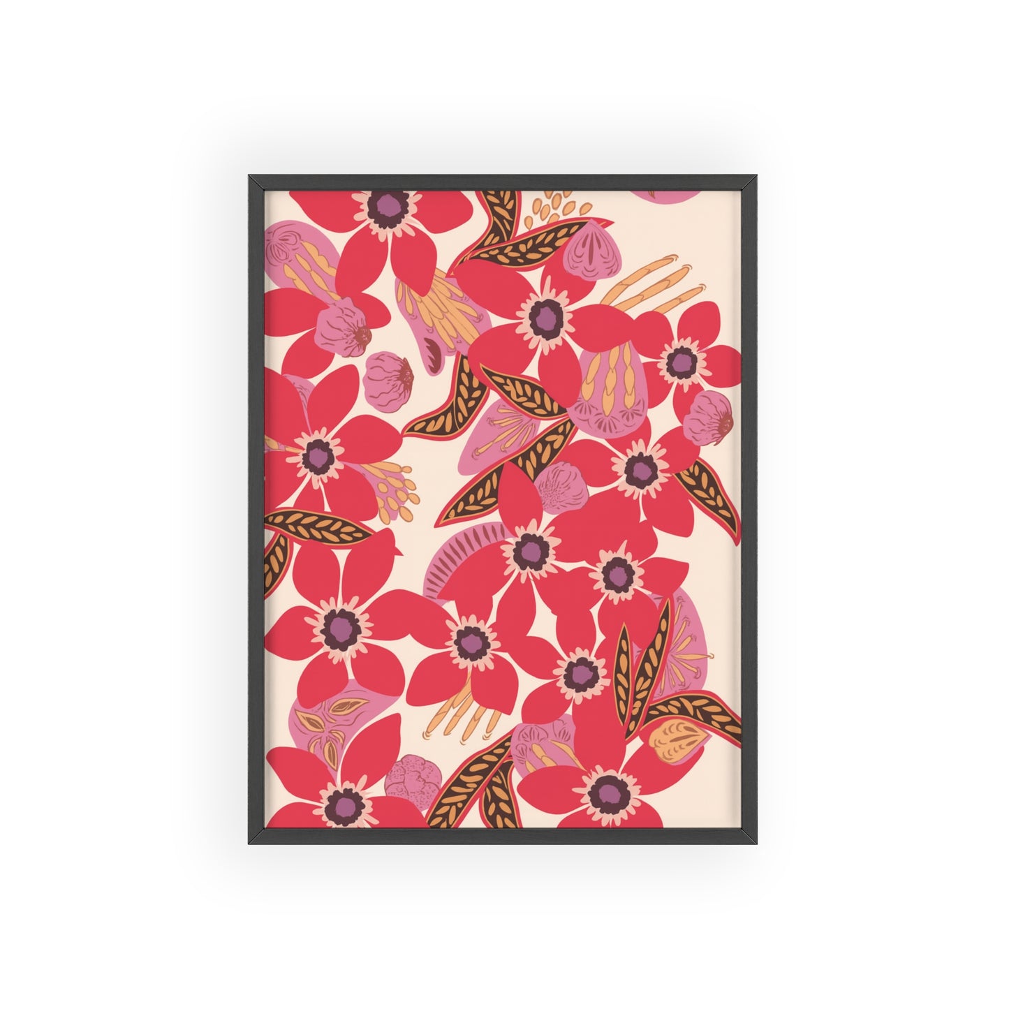 Floral Red Pink Poster with Wooden Frame — Bold Botanical Wall Art