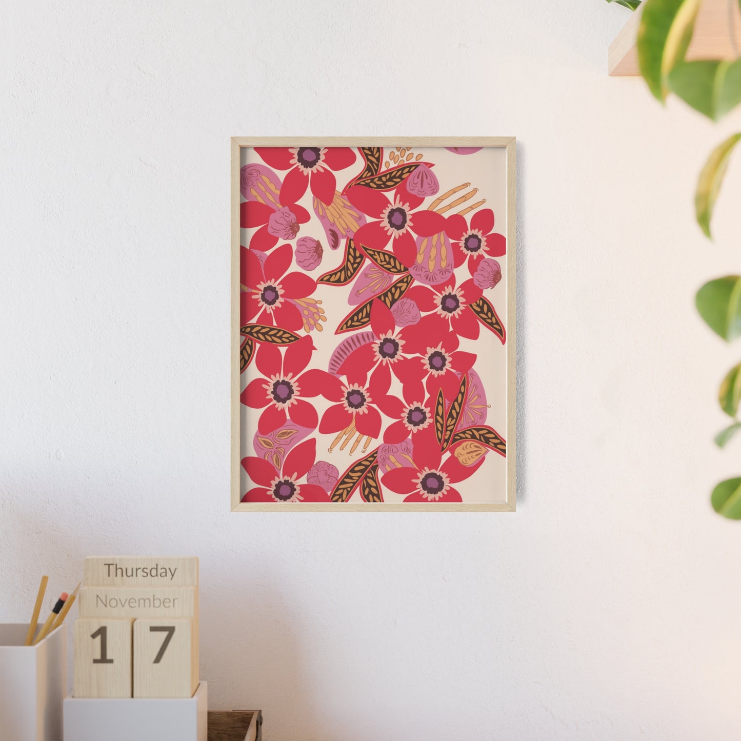 Floral Red Pink Poster with Wooden Frame — Bold Botanical Wall Art