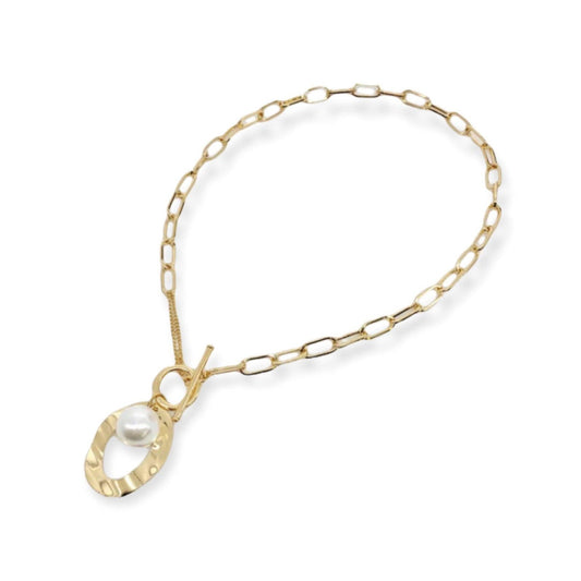 Large Link Necklace with Simulated Pearl