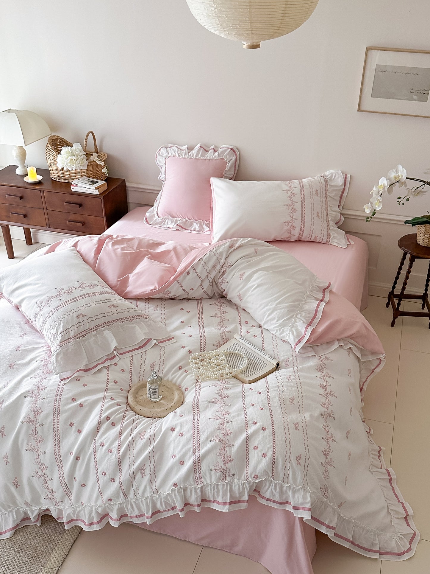 Embroidered French Lace Ruffle Bedding Set / Blue