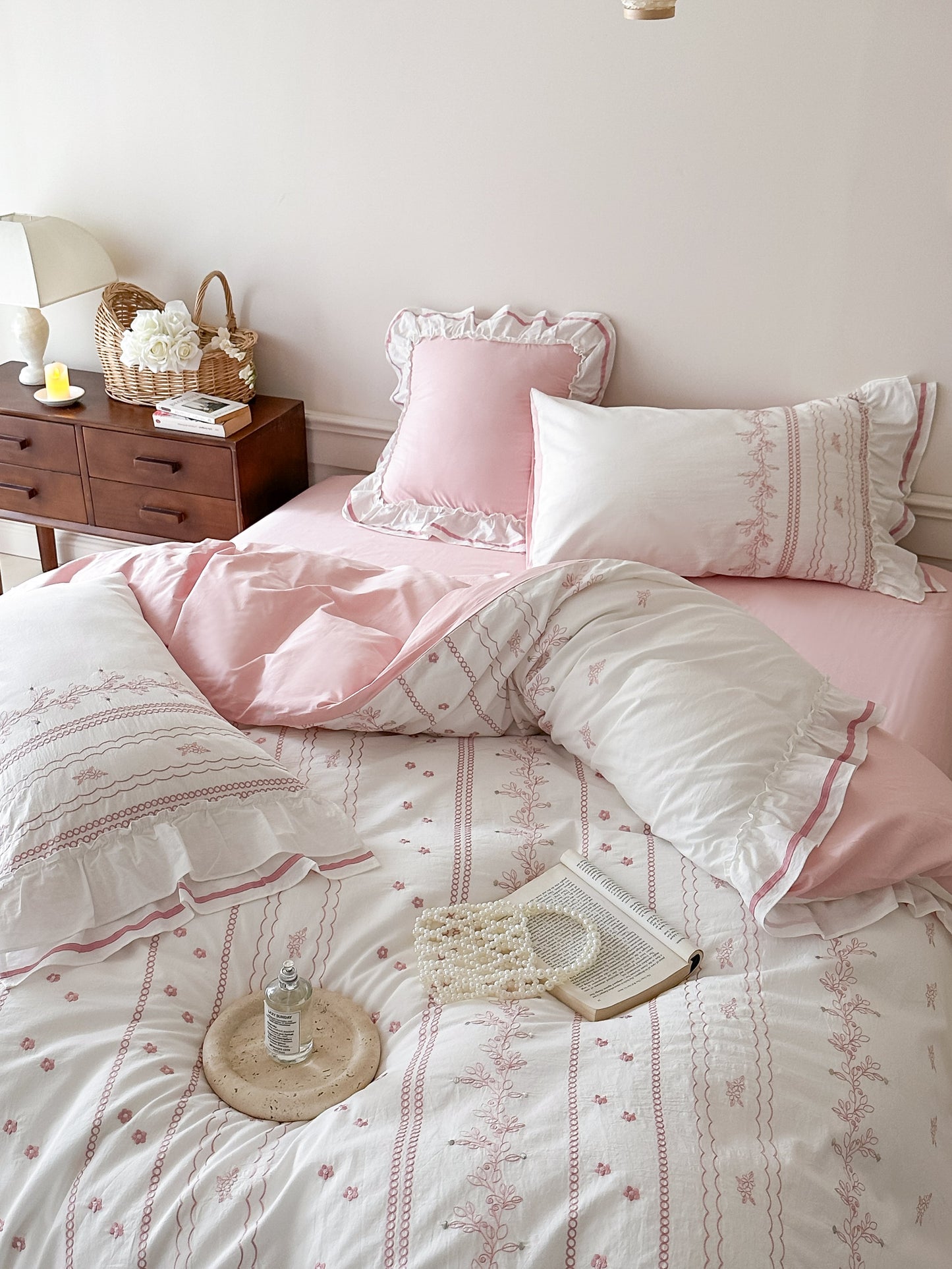 Embroidered French Lace Ruffle Bedding Set / Blue