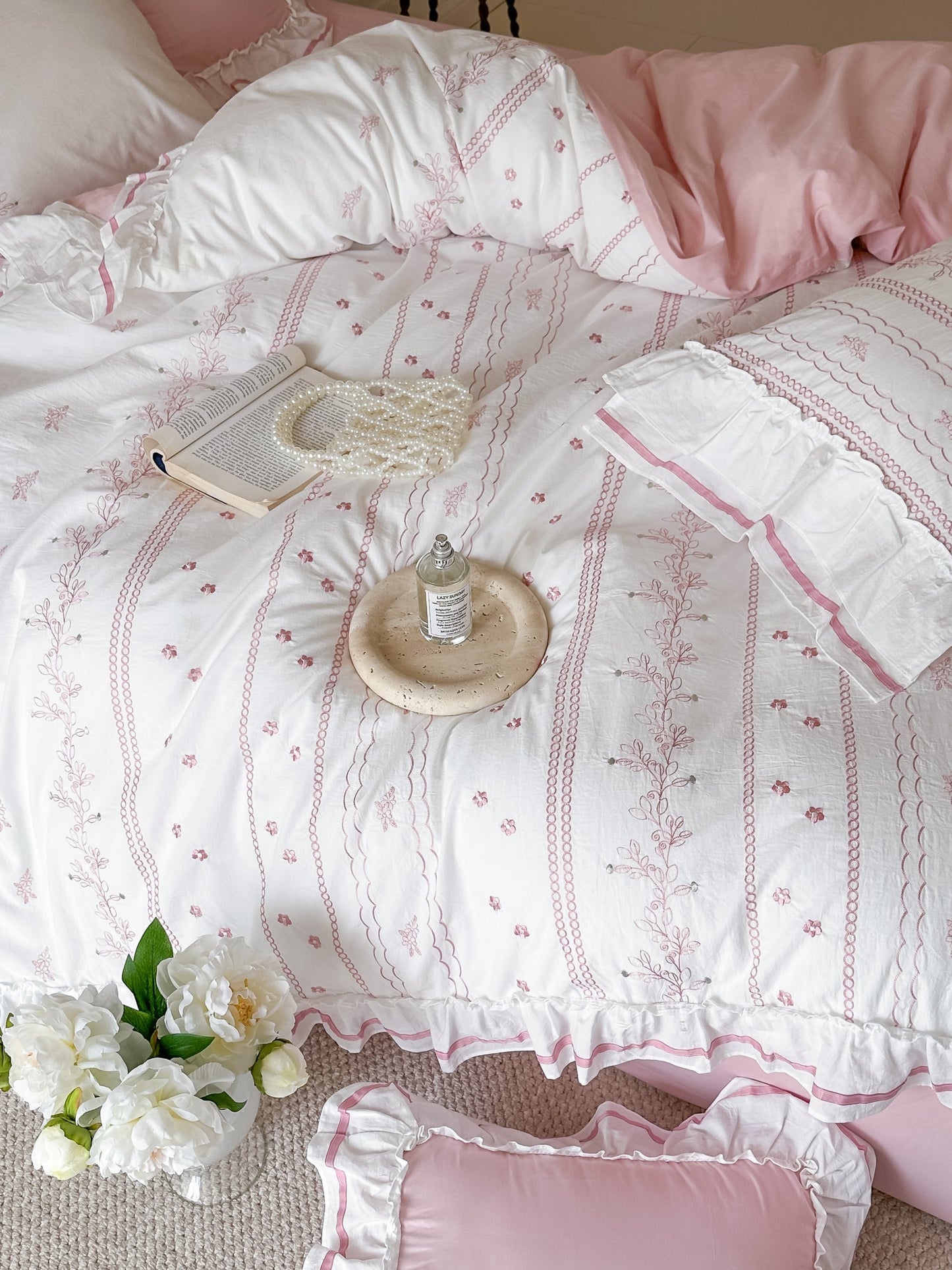 Embroidered French Lace Ruffle Bedding Set / Blue