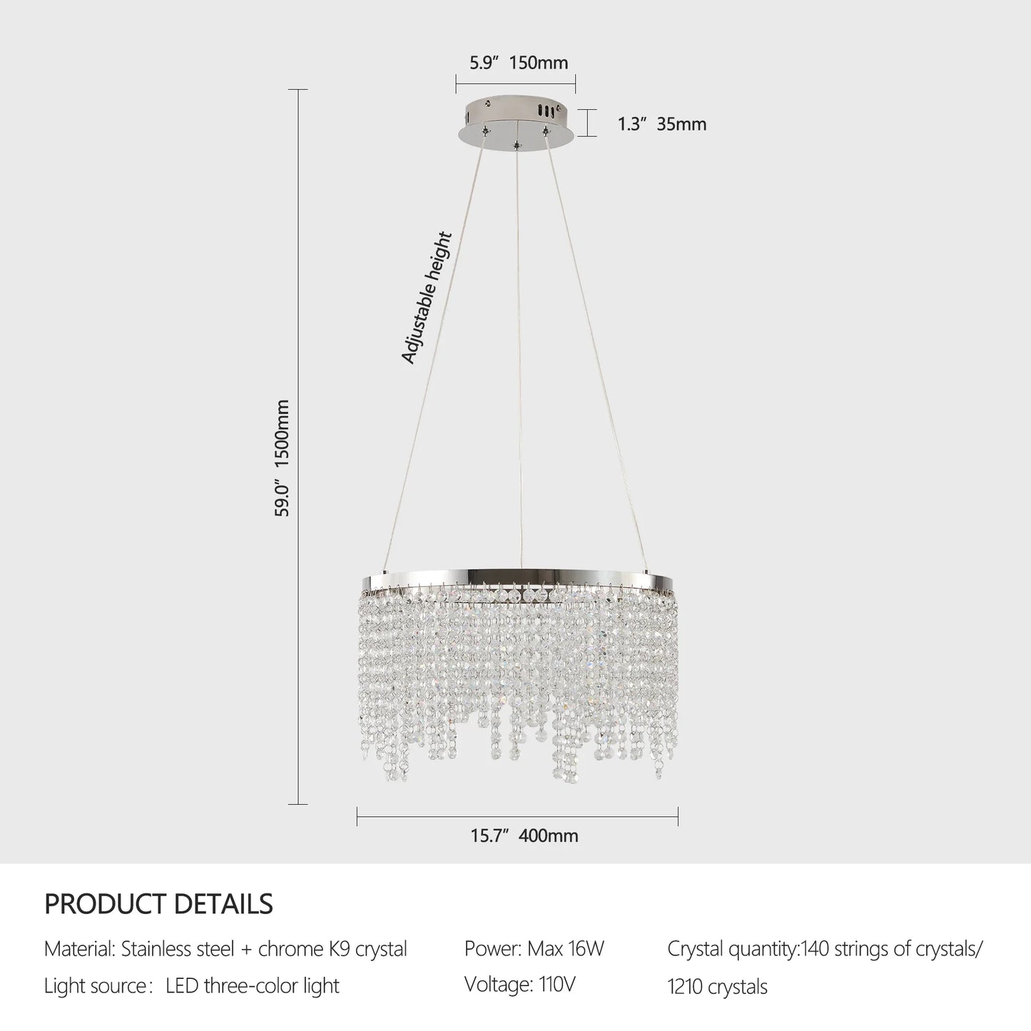 Opéra Halo 16" Crystal LED Pendant – Dimmable Luxe Chandelier with Adjustable Hue for Modern Interiors