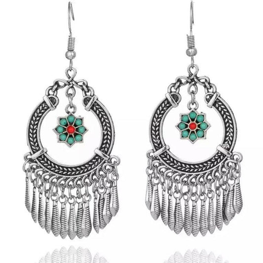 Vintage Indian Flower Tassel Boho Dangle Earrings