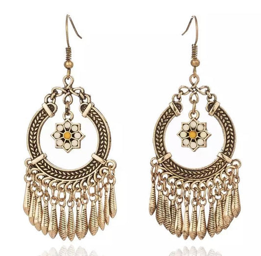 Vintage Indian Flower Tassel Boho Dangle Earrings