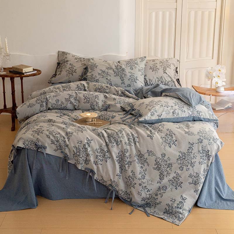Bonnie Ribbon Bow Tie Floral Bedding Set / Light Gray