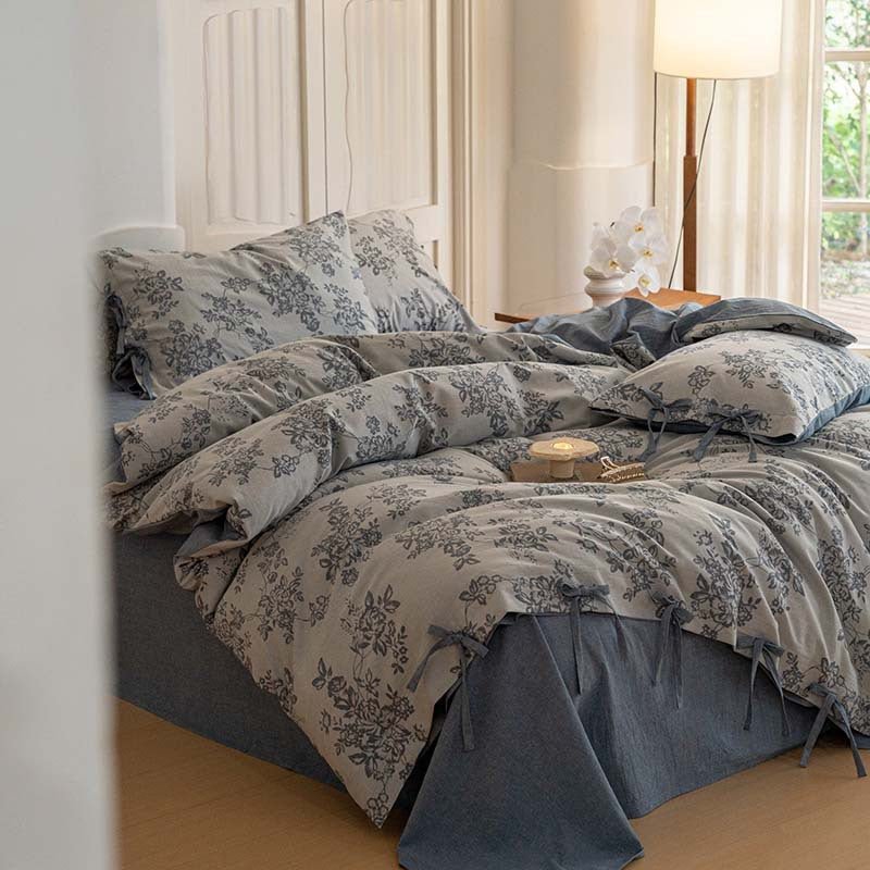 Bonnie Ribbon Bow Tie Floral Bedding Set / Light Gray