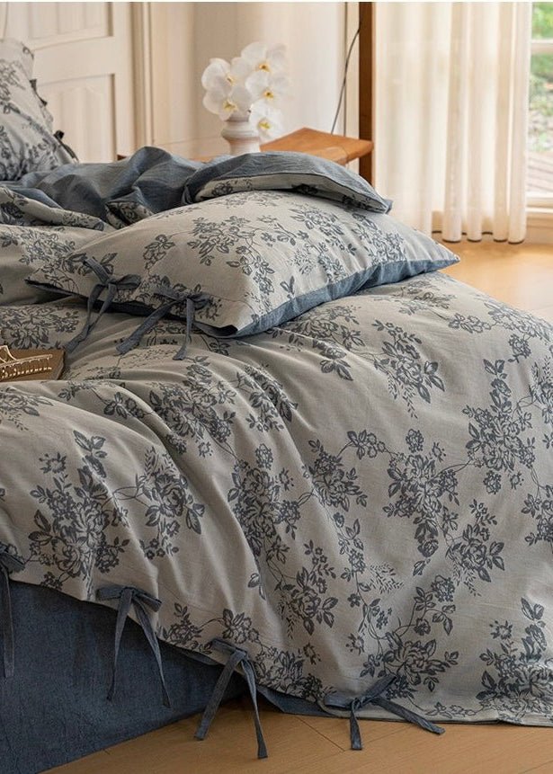 Bonnie Ribbon Bow Tie Floral Bedding Set / Light Gray