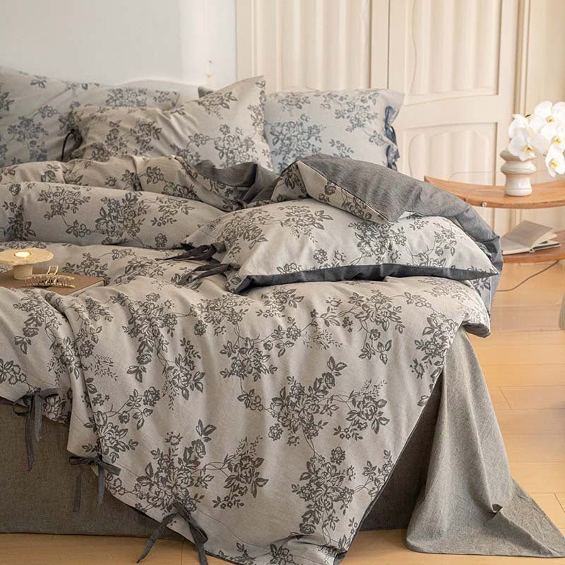 Bonnie Ribbon Bow Tie Floral Bedding Set / Light Gray