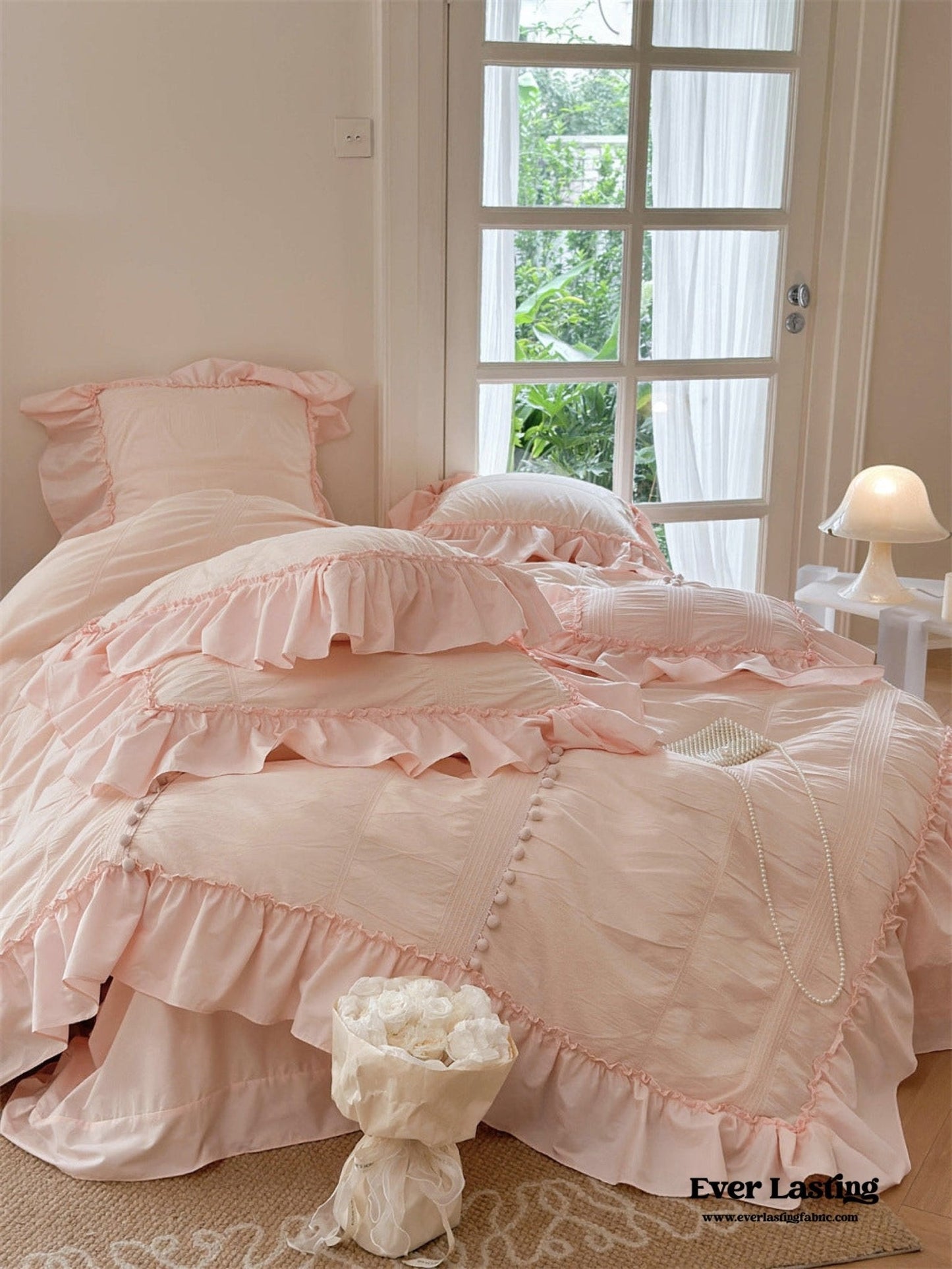 Bubble Washed Cotton Ruffle Bedding Set / Pink