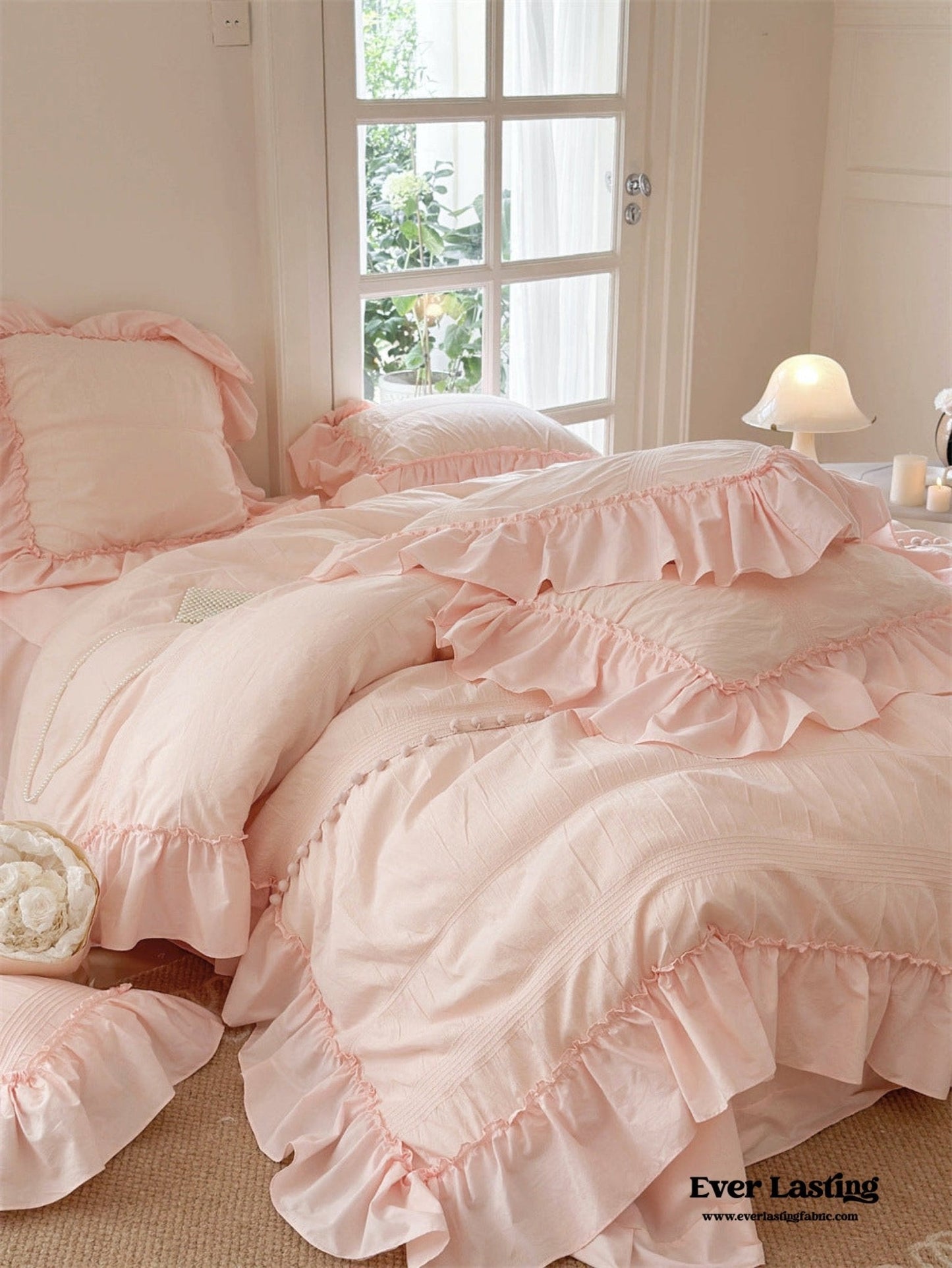Bubble Washed Cotton Ruffle Bedding Set / Pink