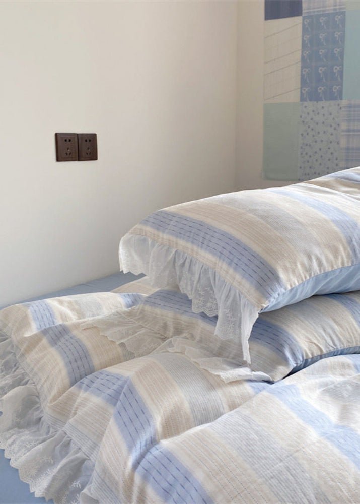 Cecilia Lace Ruffle Double Gauze Striped Bedding Set / Blue
