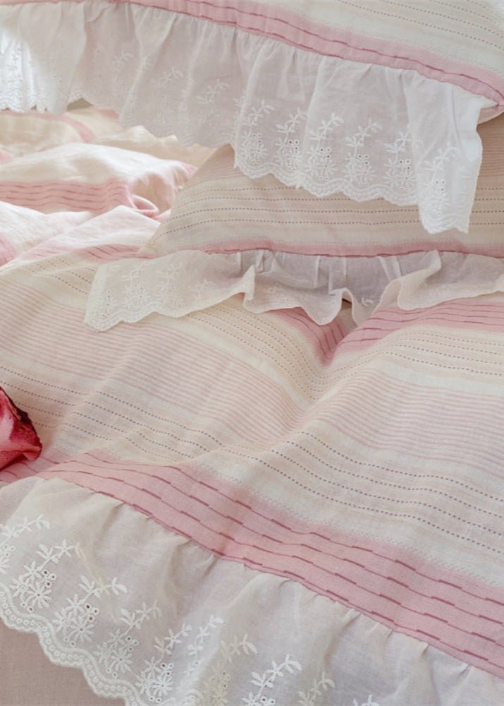 Cecilia Lace Ruffle Double Gauze Striped Bedding Set / Purple