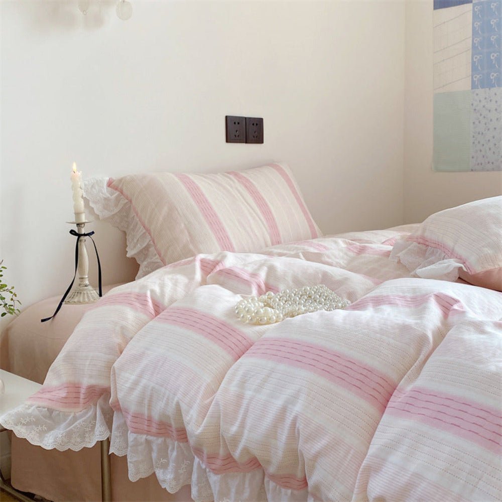 Cecilia Lace Ruffle Double Gauze Striped Bedding Set / Purple