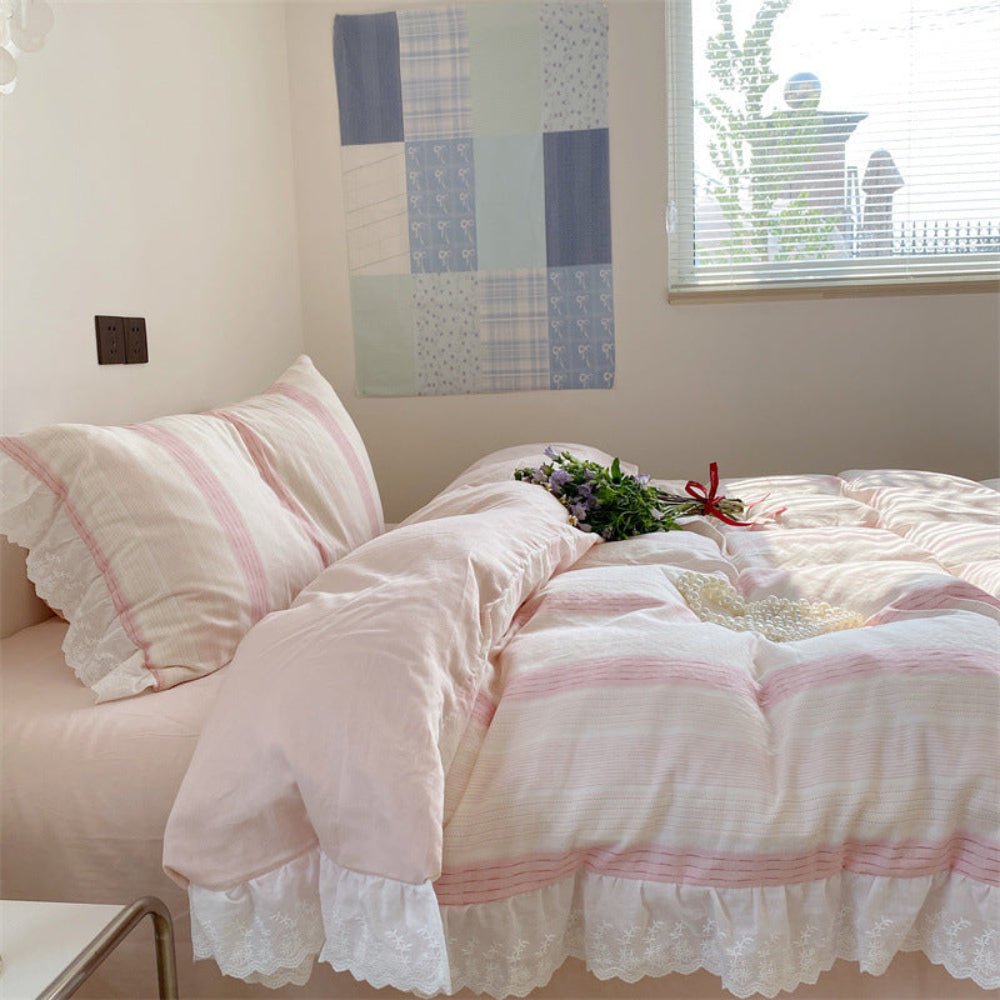 Cecilia Lace Ruffle Double Gauze Striped Bedding Set / Purple