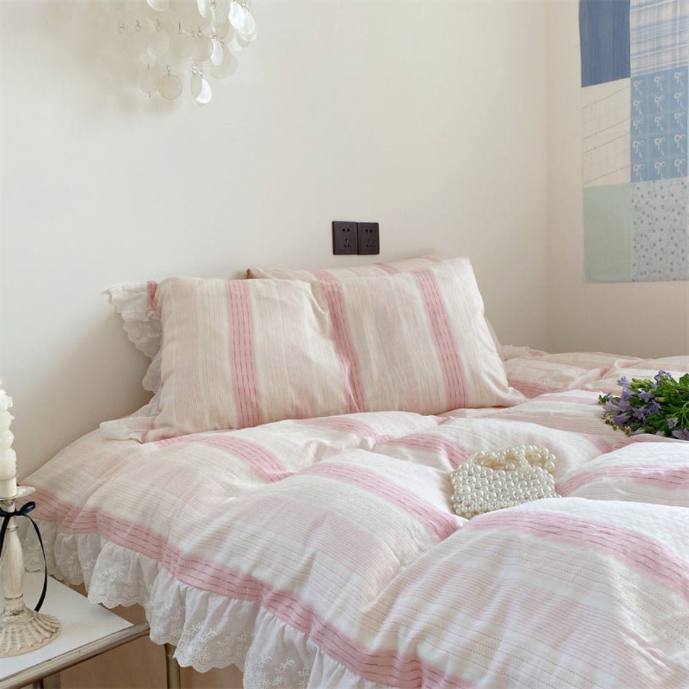 Cecilia Lace Ruffle Double Gauze Striped Bedding Set / Blue