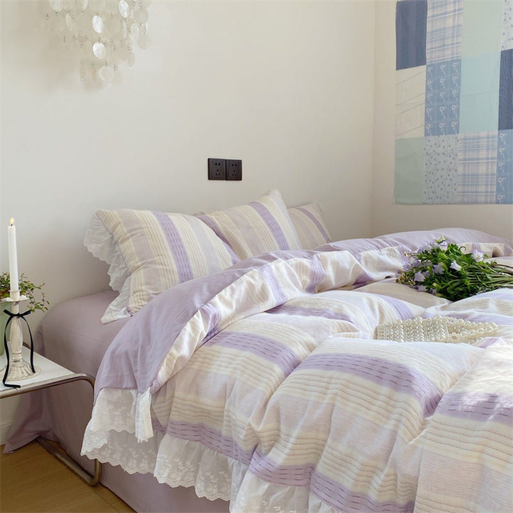 Cecilia Lace Ruffle Double Gauze Striped Bedding Set / Purple