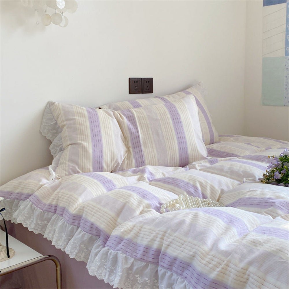 Cecilia Lace Ruffle Double Gauze Striped Bedding Set / Blue