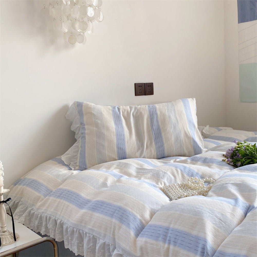 Cecilia Lace Ruffle Double Gauze Striped Bedding Set / Blue