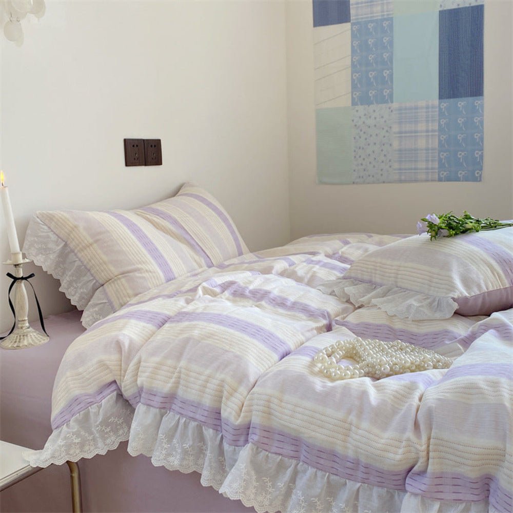 Cecilia Lace Ruffle Double Gauze Striped Bedding Set / Purple