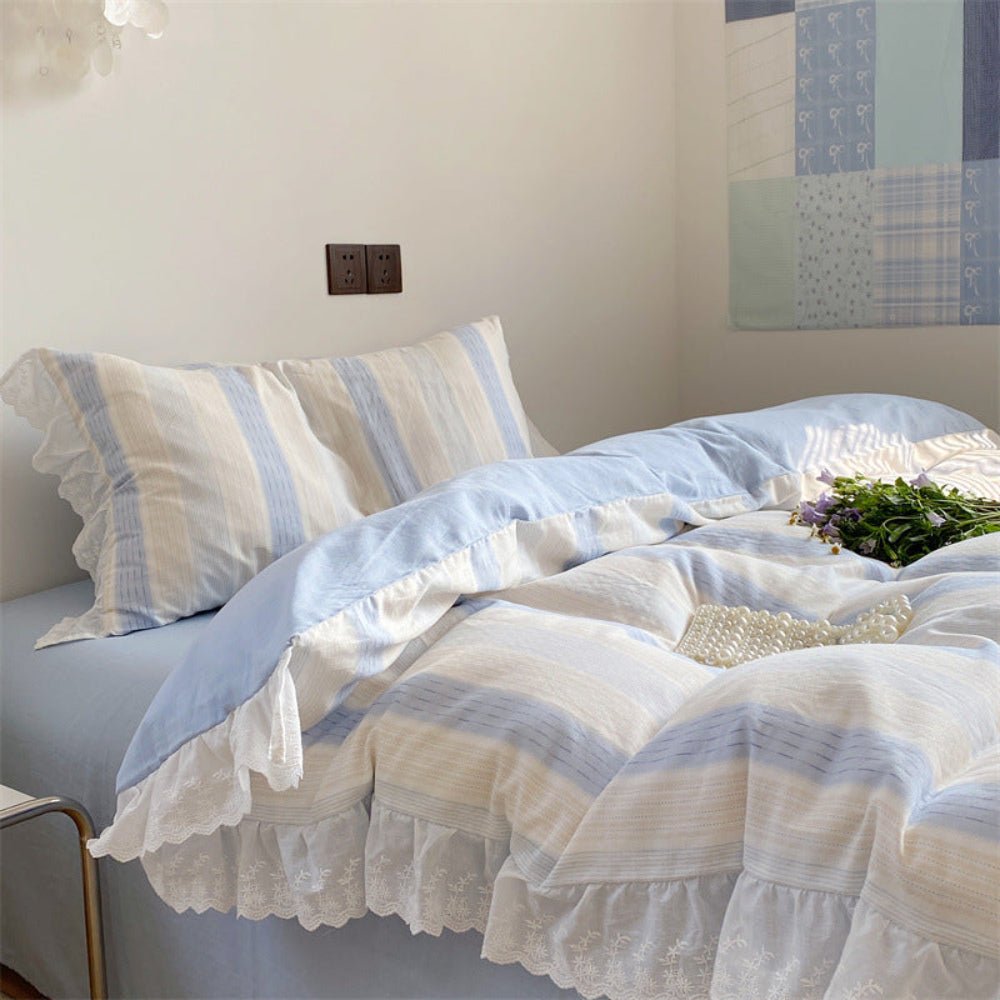Cecilia Lace Ruffle Double Gauze Striped Bedding Set / Purple