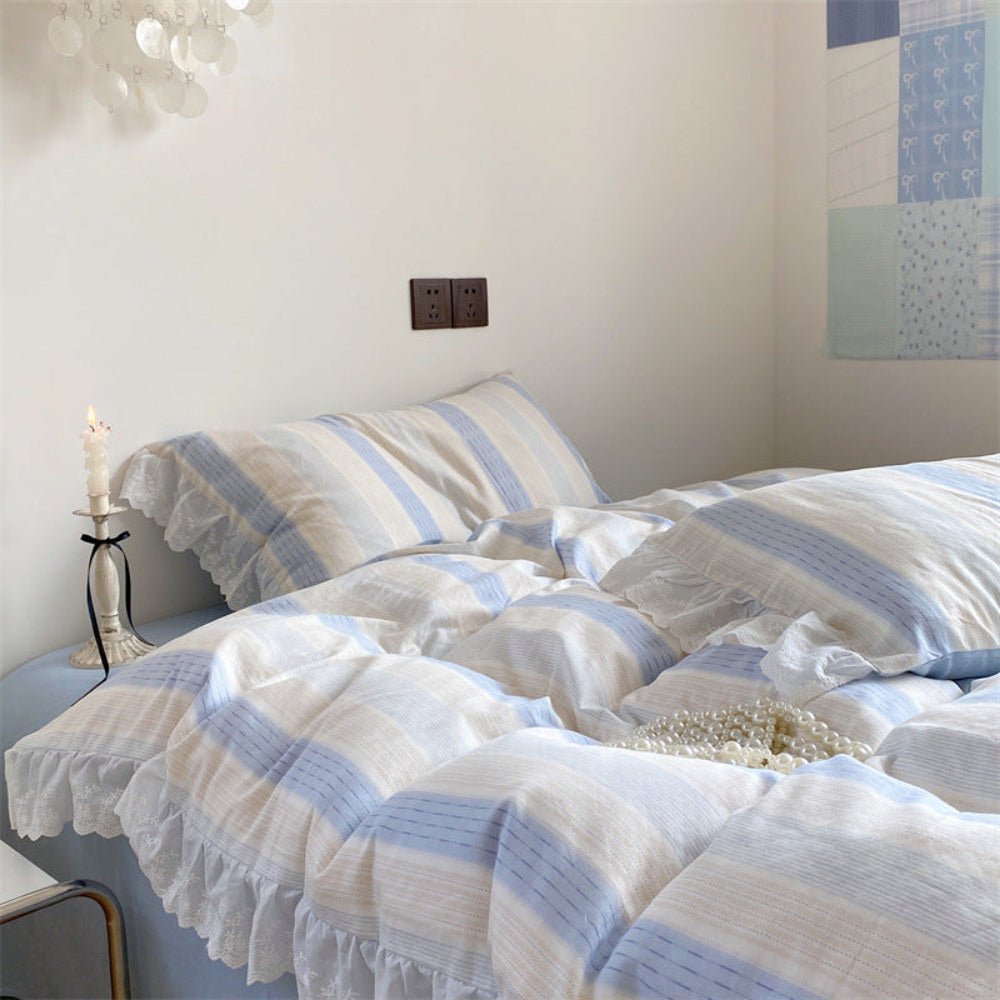 Cecilia Lace Ruffle Double Gauze Striped Bedding Set / Purple