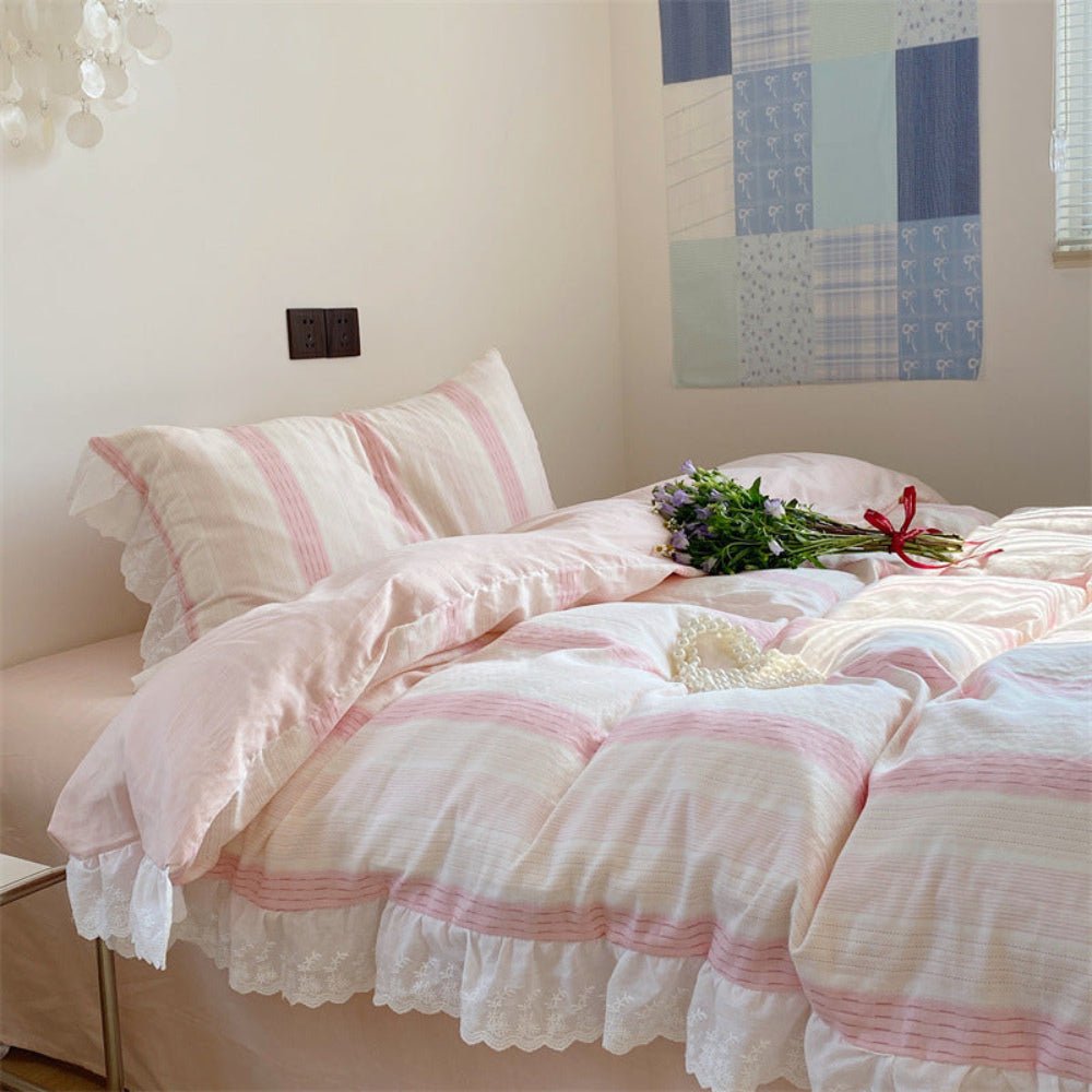 Cecilia Lace Ruffle Double Gauze Striped Bedding Set / Blue