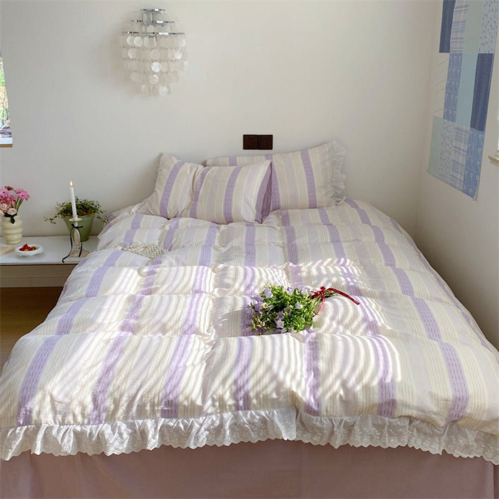 Cecilia Lace Ruffle Double Gauze Striped Bedding Set / Purple