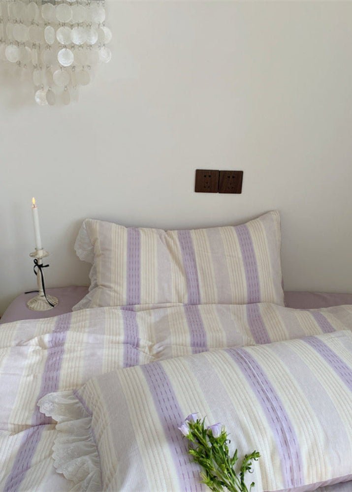 Cecilia Lace Ruffle Double Gauze Striped Bedding Set / Blue