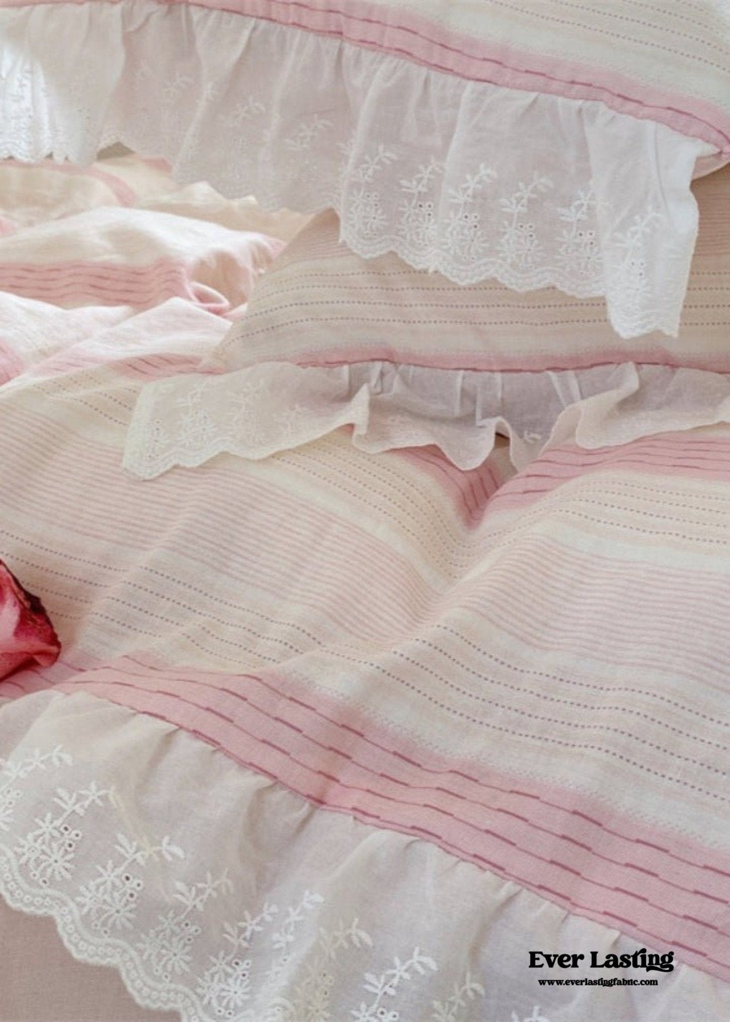 Cecilia Lace Ruffle Double Gauze Striped Bedding Set / Pink