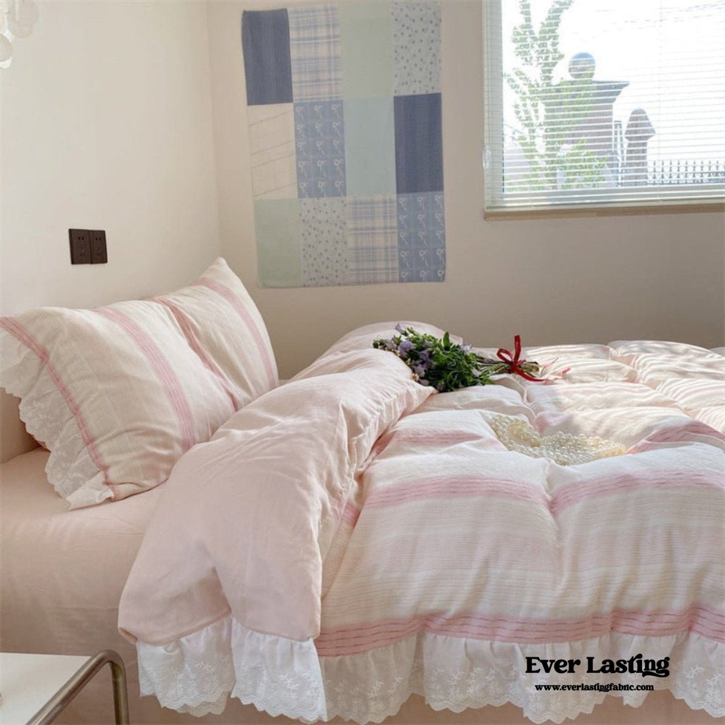 Cecilia Lace Ruffle Double Gauze Striped Bedding Set / Pink