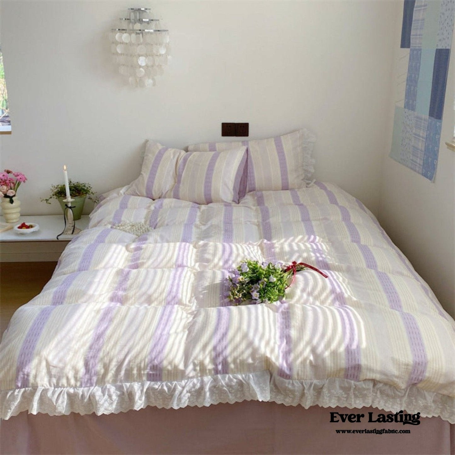 Cecilia Lace Ruffle Double Gauze Striped Bedding Set / Pink