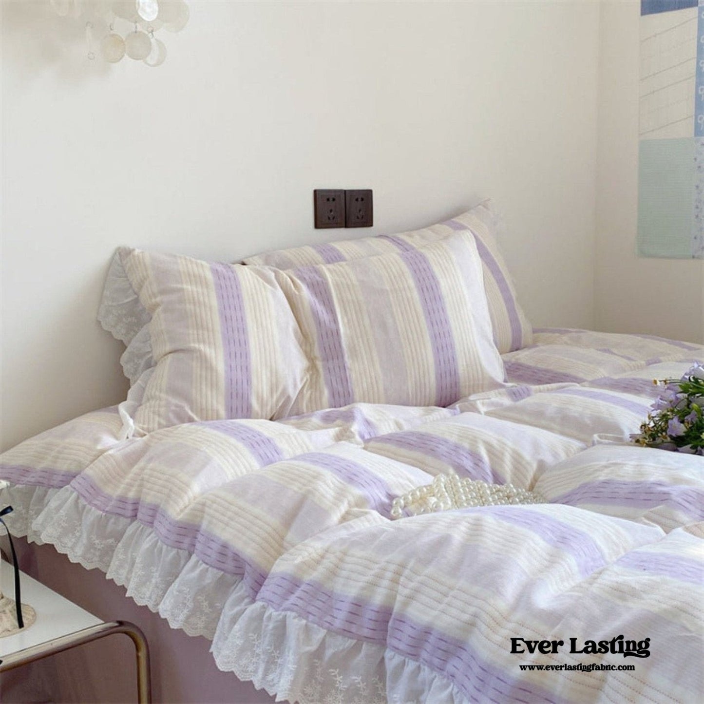 Cecilia Lace Ruffle Double Gauze Striped Bedding Set / Pink