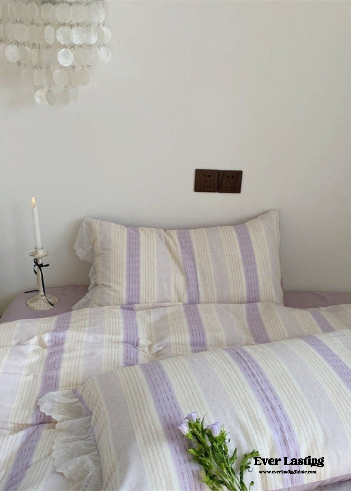 Cecilia Lace Ruffle Double Gauze Striped Bedding Set / Pink