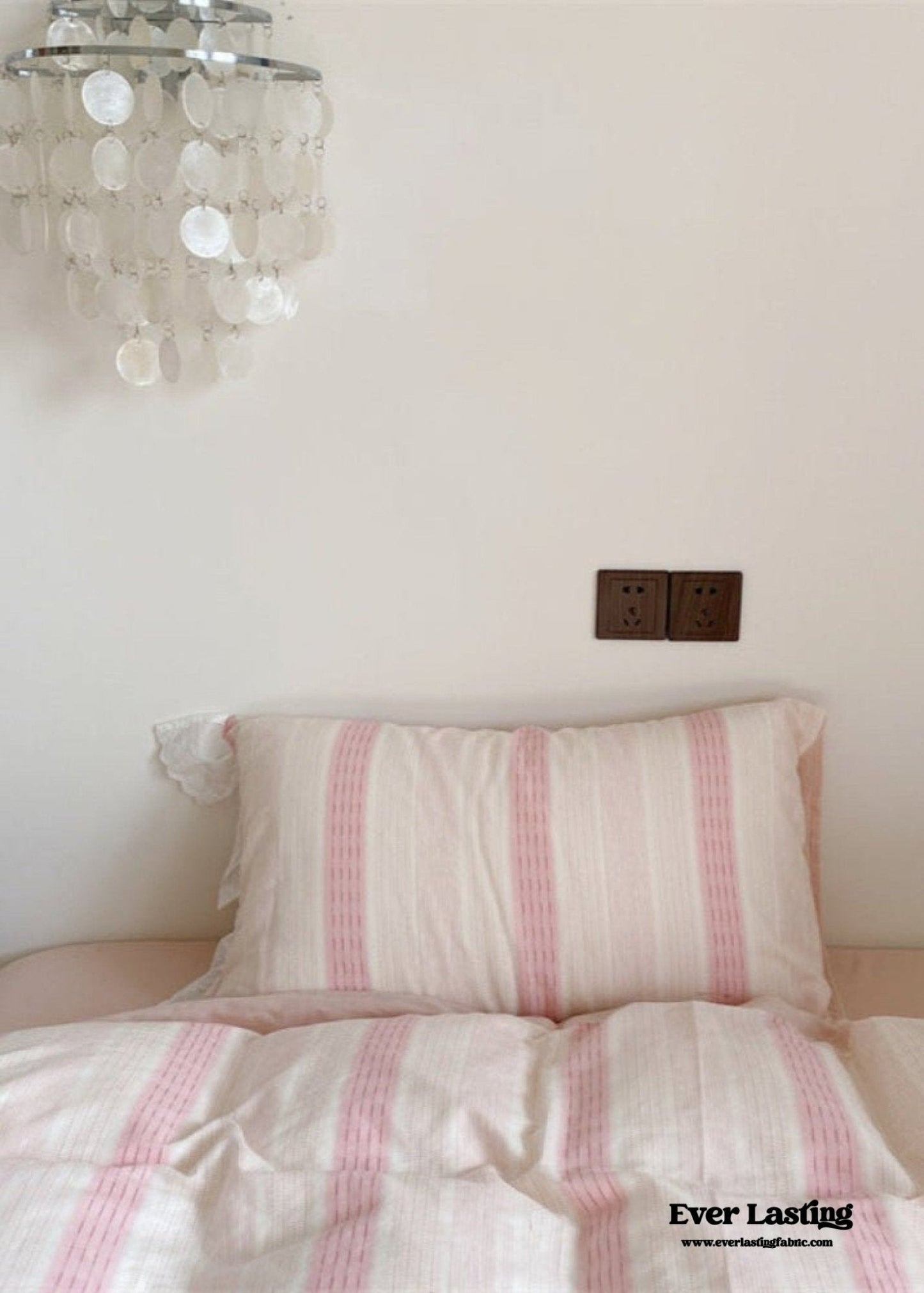 Cecilia Lace Ruffle Double Gauze Striped Bedding Set / Pink