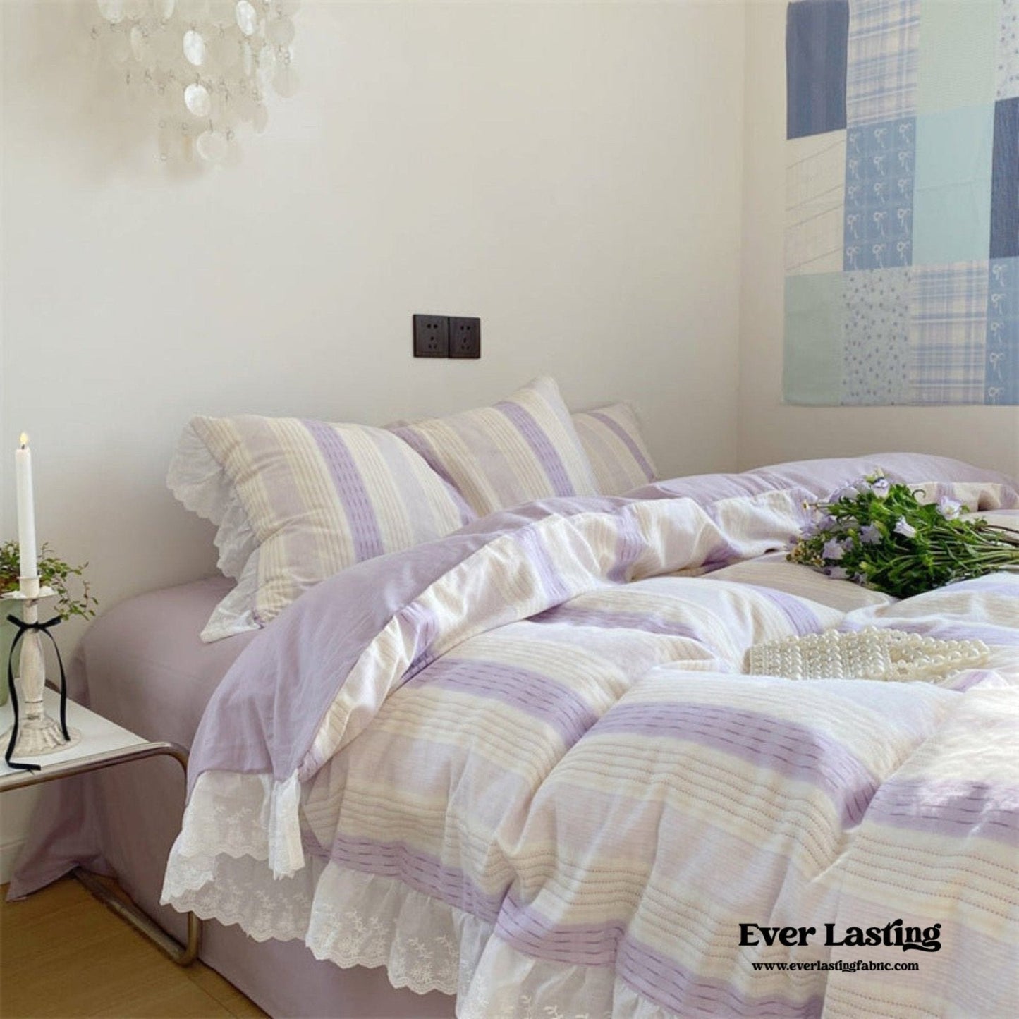 Cecilia Lace Ruffle Double Gauze Striped Bedding Set / Pink