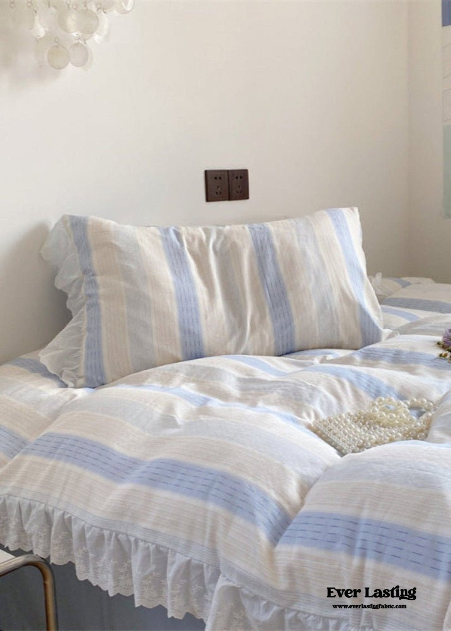 Cecilia Lace Ruffle Double Gauze Striped Bedding Set / Pink