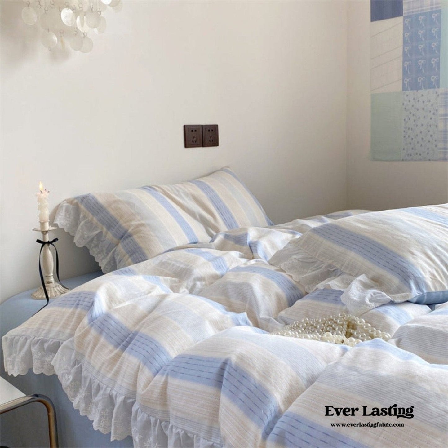 Cecilia Lace Ruffle Double Gauze Striped Bedding Set / Pink