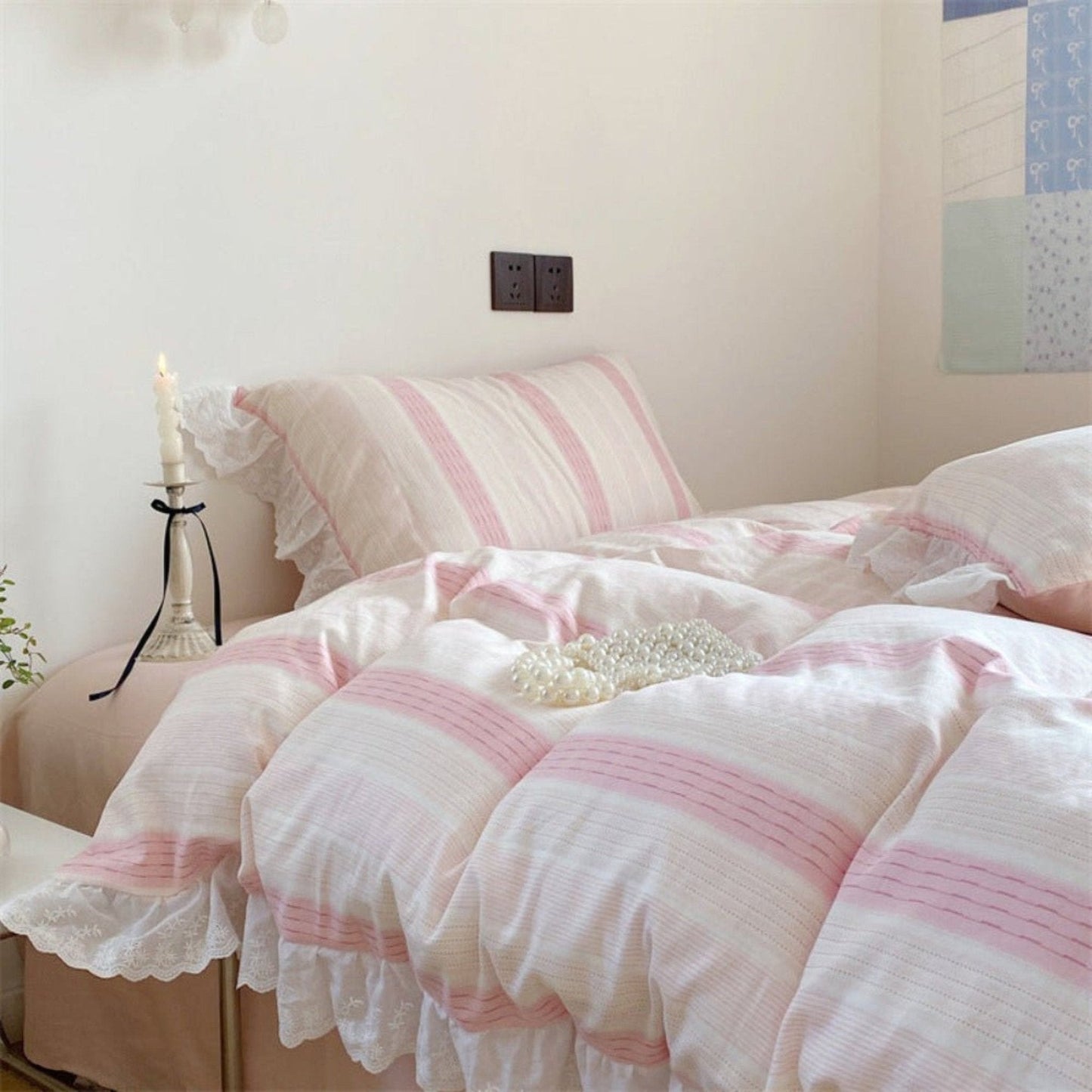 Cecilia Lace Ruffle Double Gauze Striped Bedding Set / Pink