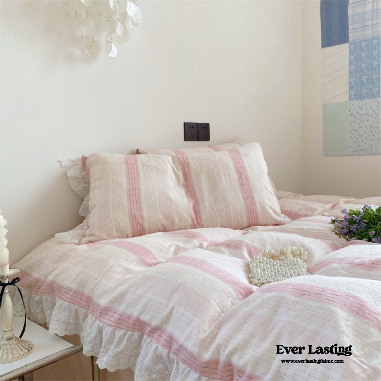 Cecilia Lace Ruffle Double Gauze Striped Bedding Set / Pink